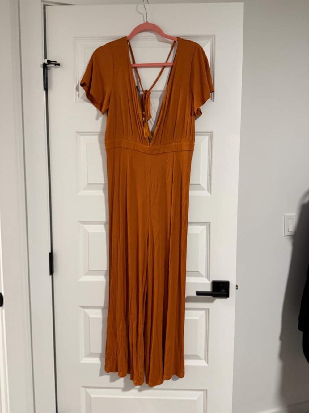 Women's Rust V-Neck Jumpsuit with Tie Back